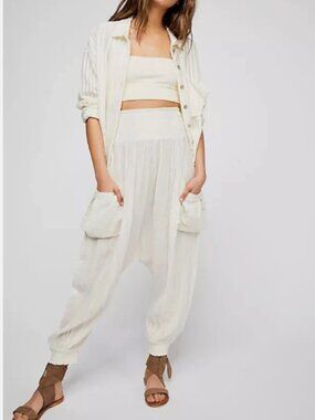 Free People Walk On Fire Drop Crotch Gauze Pants Cream Size Medium